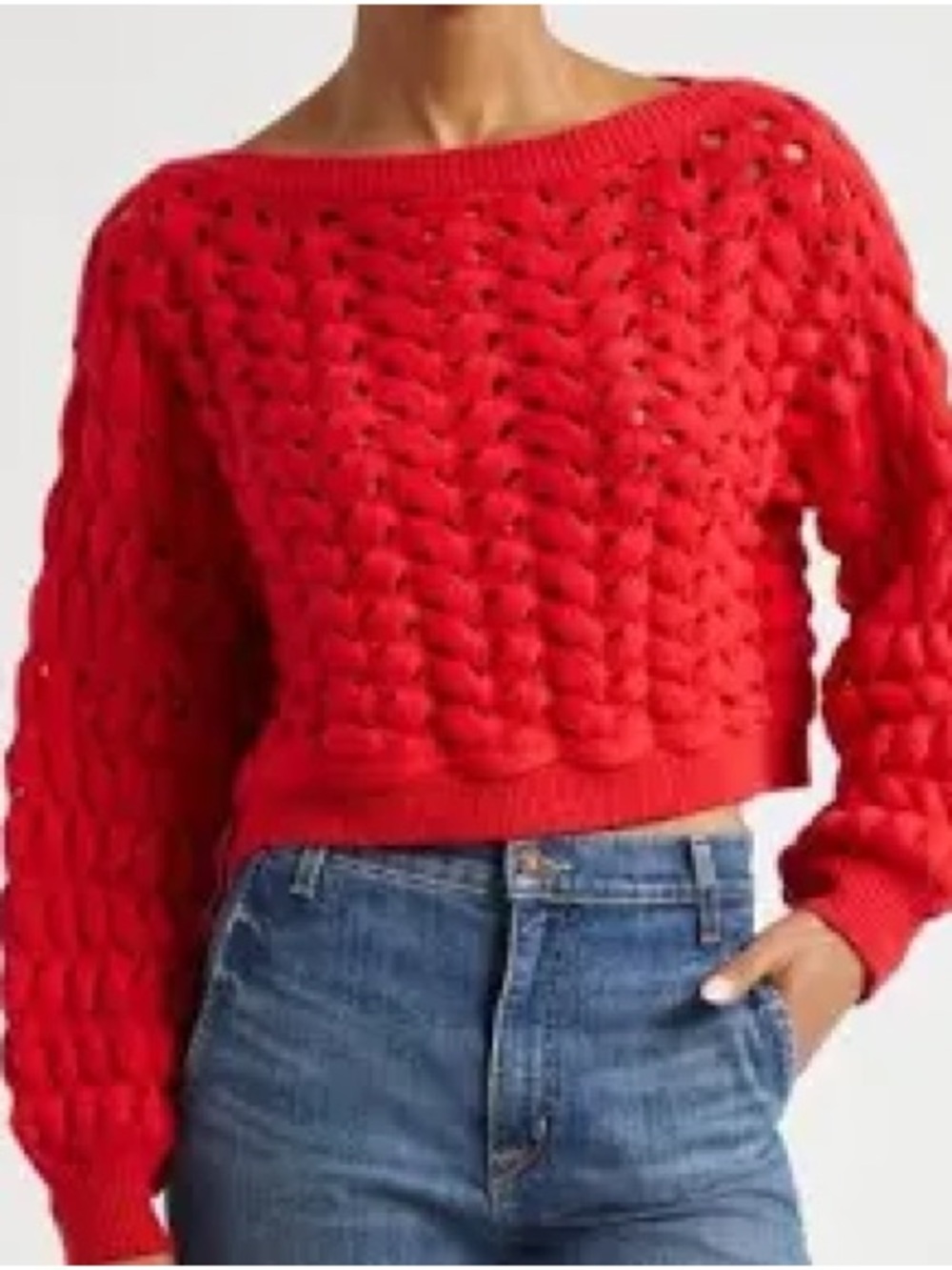 Alice + Olivia Red Chunky Cable-Knit Cropped Scoop Sweater